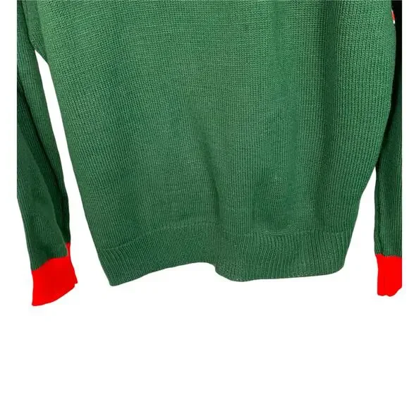 Pink Reindeer Sz L Green Knit Sweater Red Collar & Cuffs XMAS Sweater - Picture 4 of 8